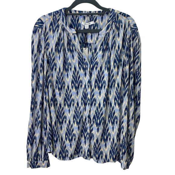 Chicos Blouse Womens M French Blue Ikat Print Billow Sleeve Boho Top Split Neck - Picture 1 of 14